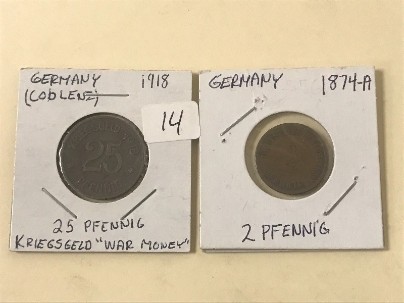 1874-A German 2-Pfenning Coin & 191...