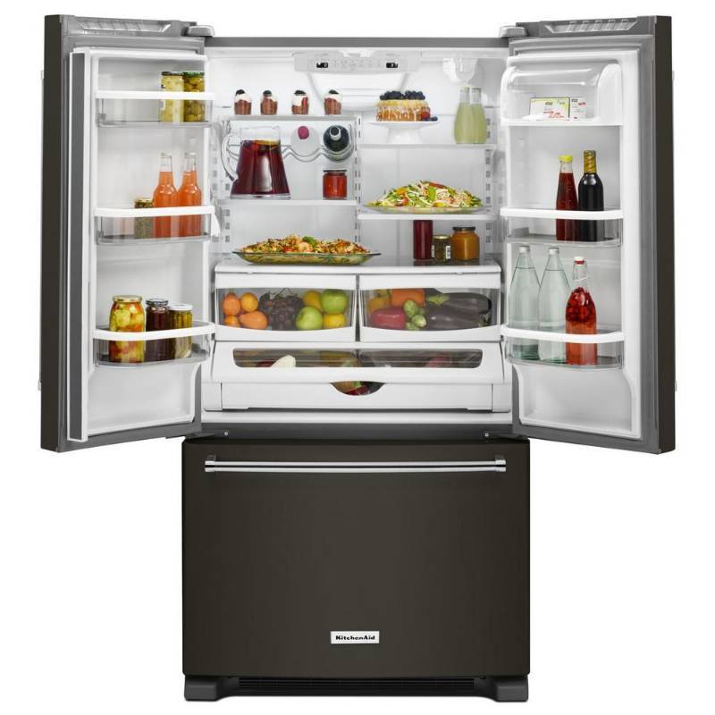 lot 6 image: BRAND NEW - WITH WARRANTY - KITCHENAID MODEL # (KRFC300EBL) -  36 in. W 20 cu. ft. French Door Refrigerator in Black Counter Depth - MSRP $ 2499.99