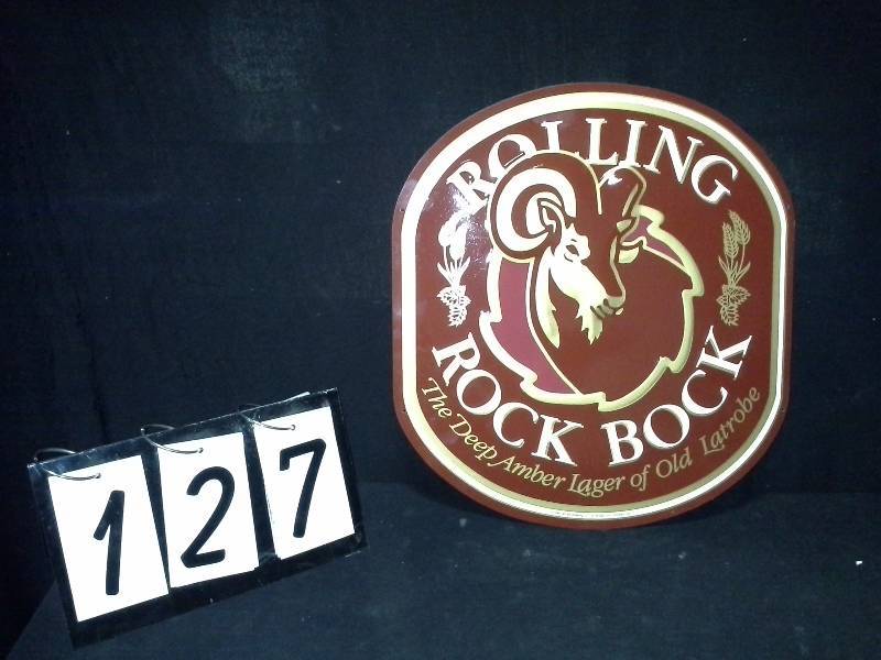 lot 127 image: Rolling Rock Bock tin sign