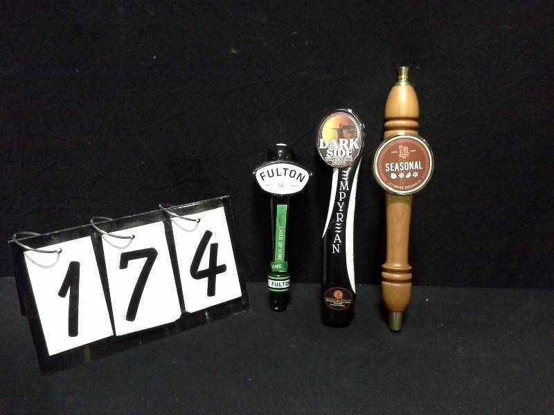 lot 174 image: Fulton Sweet Child O Vine, Dark Side Empyrean, and Lift Bridge Brewing tap handles