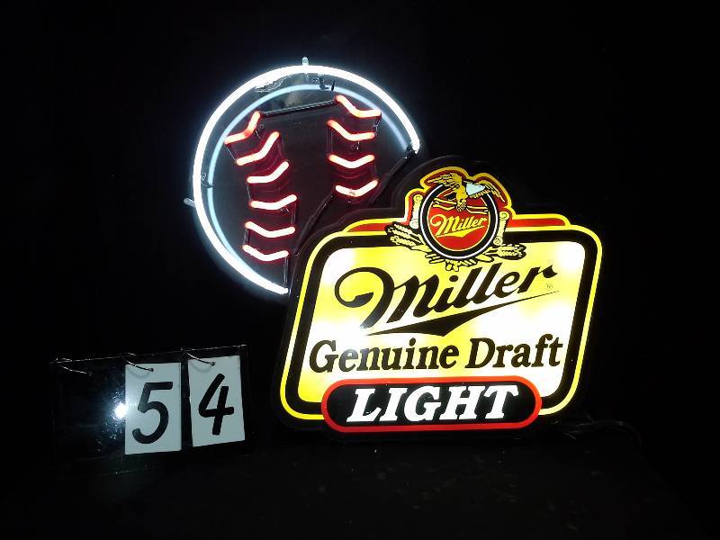 lot 54 image: Miller Genuine Draft Light baseball neon sign