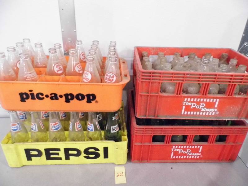 lot 203 image: Coke - Pepsi - Squirt - 7UP - Pop Shoppe Bottles