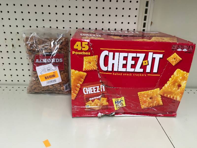 lot 51 image: KS WHOLE ALMONDS 3 LBS, RETAIL $12.69 AND CHEEZ-IT ORIGINAL 451.5Z, RETAIL $11.69