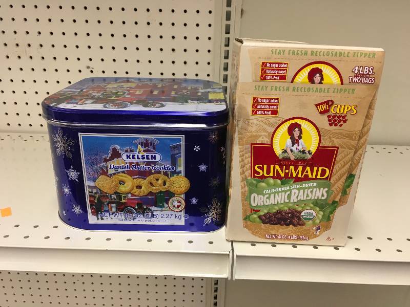 lot 56 image: KELSEN DANISH BUTTER 5LBS, RETAIL $11.99 AND SUNMAID ORG RAISINS 22LB, RETAIL $8.99