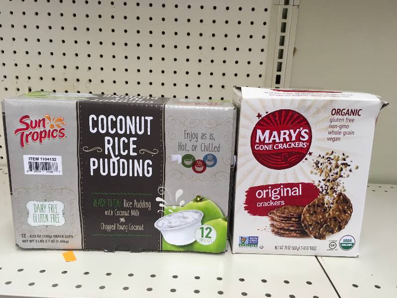 lot 63 image: COCONT RICE PUDDNG 124.2, RETAIL $8.99 AND MARYS ORG CRACKERS 20 OZ, RETAIL 7.99
