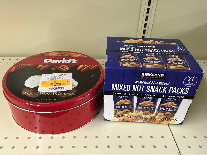 lot 71 image: DAVIDS BTR PECAN CKIE 2LB, RETAIL $9.99 AND KS MIXED NUT VEND 211.6Z, RETAIL $17.99