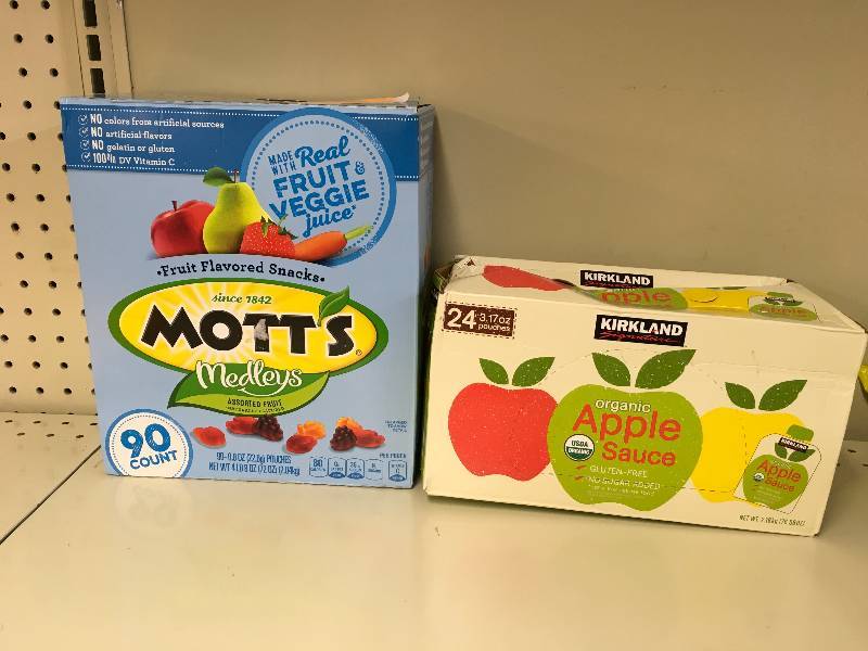 lot 75 image: MOTTS FRUIT SNACK 90CT, RETAIL $9.89 AND KS ORG APPLE SAUCE 243.17OZ P, RETAIL $9.99
