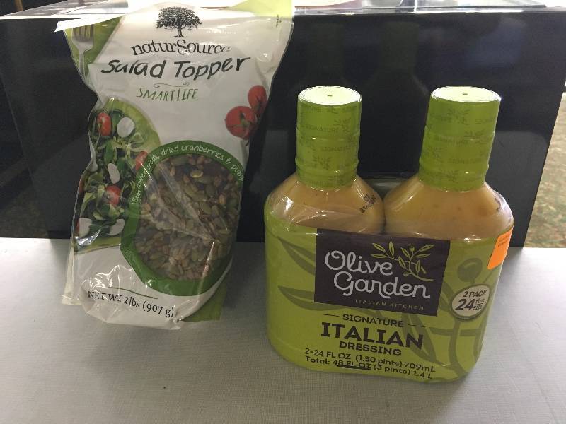 lot 110 image: OLIVE GARDEN 224 OZ, RETAIL $7.49 AND SALAD TOPPER 32 OZ, RETAIL $6.49