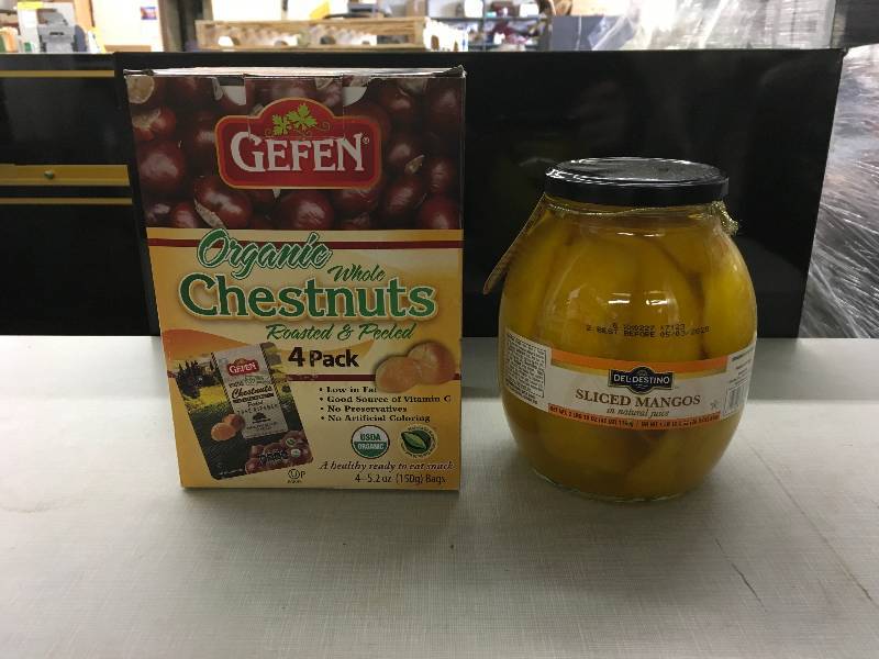 lot 117 image: ORGANIC CHESTNUTS 45.2OZ, RETAIL $5.79 AND SLICED MANGOS 42OZ, RETAIL $4.99