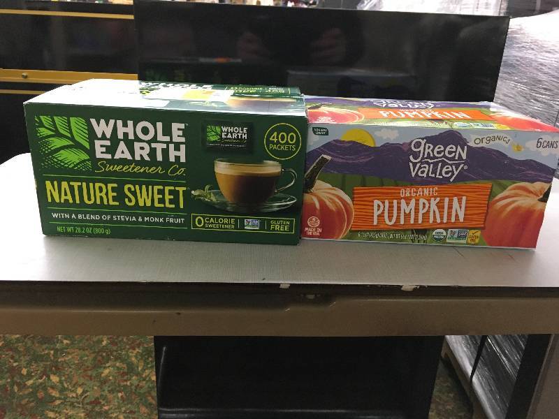 lot 121 image: WHOLE EARTH SWEETENER, RETAIL $14.89 AND ORGANIC PUMPKIN 615OZ, RETAIL $7.99