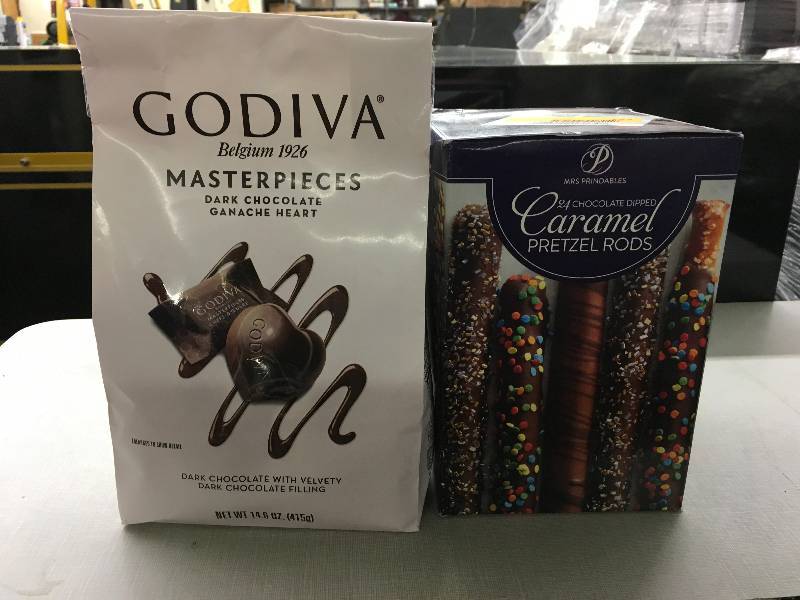 lot 122 image: CHOCCARM PRTZEL RODS 24C, RETAIL $12.79 AND GODIVA DK CHOC HEARTS, RETAIL $8.59