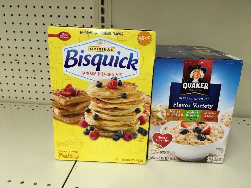 lot 57 image: BISQUICK 96 OZ BOX, RETAIL $5.49 AND QUAKER INST OATMEAL 52CT, RETAIL $9.79