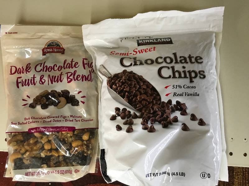 lot 91 image: KS CHOCOLATE CHIPS 4.5LBS, RETAIL $8.99 AND ANNS FIG,FRUITNUT 21.5OZ, RETAIL $9.99