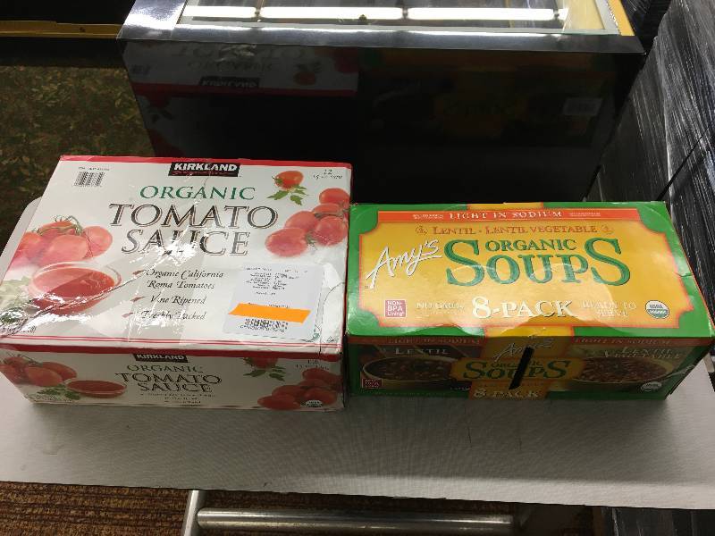 lot 120 image: AMYS ORG. SOUP, RETAIL $13.59 AND KS ORG TOM SAUCE 1215OZ, RETAIL$7.99