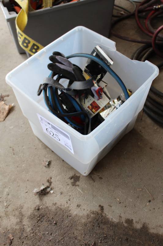lot 625 image: Hand Tools, Hardware - Jumper Cables, Hammer, Straps, Light, Chain, And More