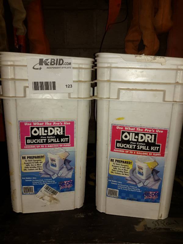 lot 123 image: 2 boxes  and bucket of spill Kit