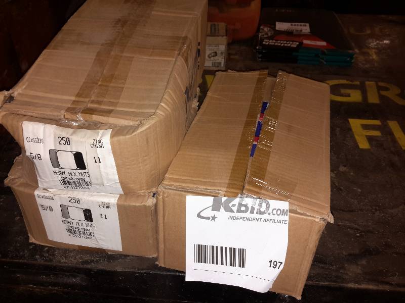 lot 197 image: Boxes of 58 heavy Hex nuts  See closeup for quantities