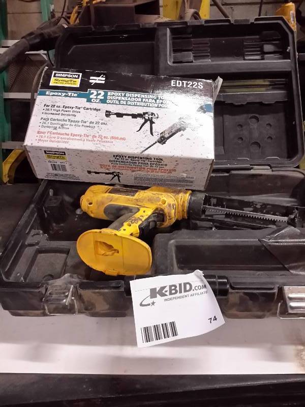lot 74 image: Dewalt Cordless Adhesive Gun.. No Charger or Batteries DC545 Epoxy Tie, 22oz Epoxy Dispensing Tool.