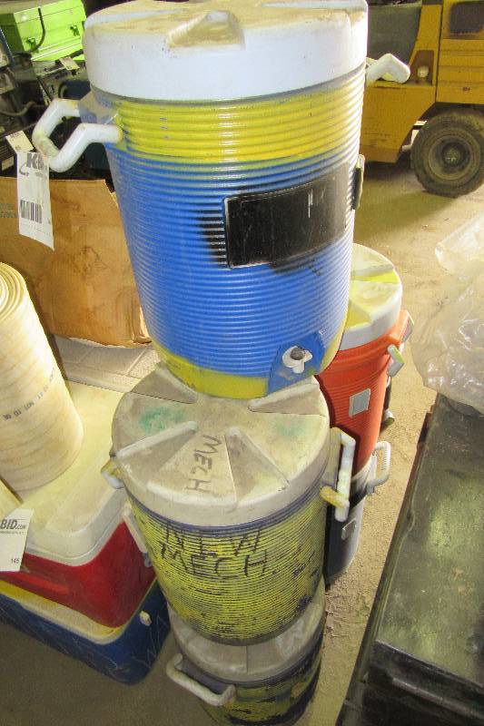 lot 144 image: 5 4 gallon water coolers.. Needs some cleaning, but all look good inside