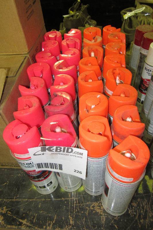 lot 226 image: 29 cans of Pink and Orange RUSTOLEUM, Spray Paint