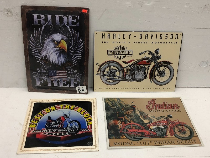 lot 86 image: (4) Motorcycle Related Tin Signs ...