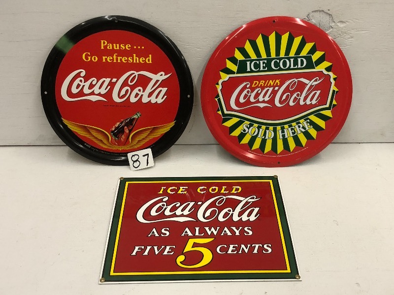 lot 87 image: (3) Coca-Cola Related Tin Signs ...