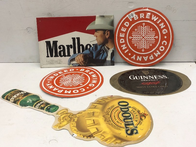 lot 88 image: (5) Assorted Beer & Tobacco Tin Sig...