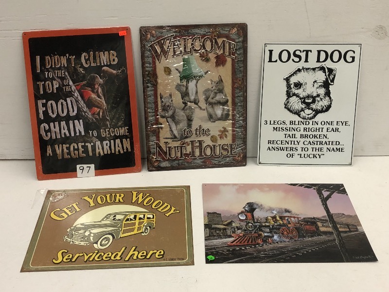 lot 97 image: (5) Man-Cave Related Tin Signs ...