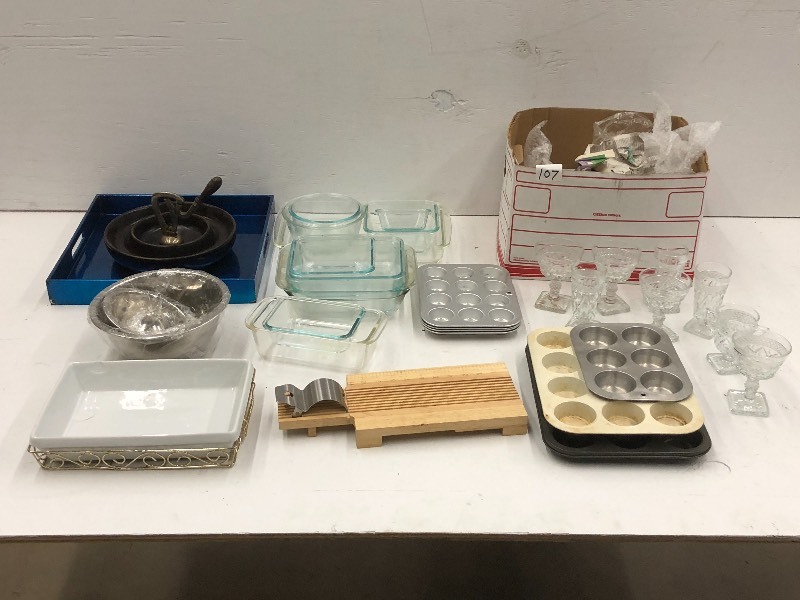 lot 107 image: (2) Boxes Of Assorted Cookware, Gla...