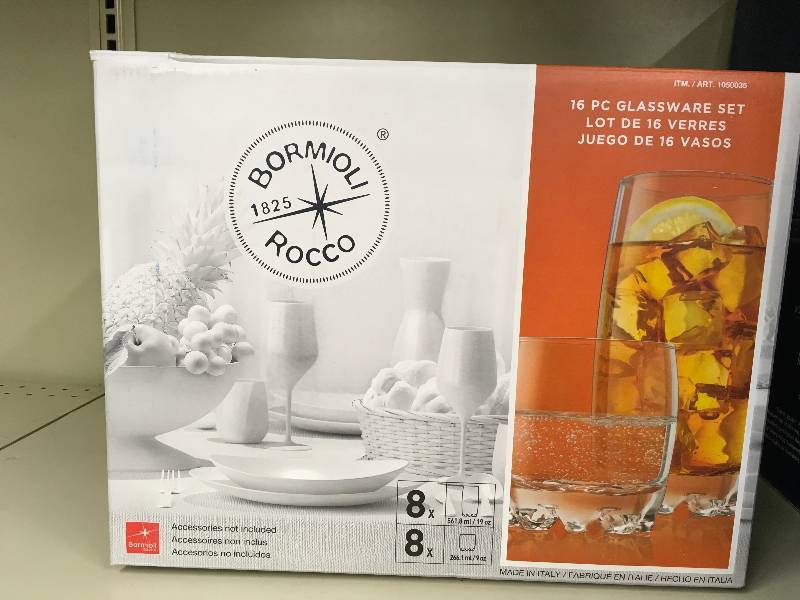 BORMIOLI ROCCO 16 PC GLASSWARE SET, ONE BROKEN GLASS, RETAIL $18.99