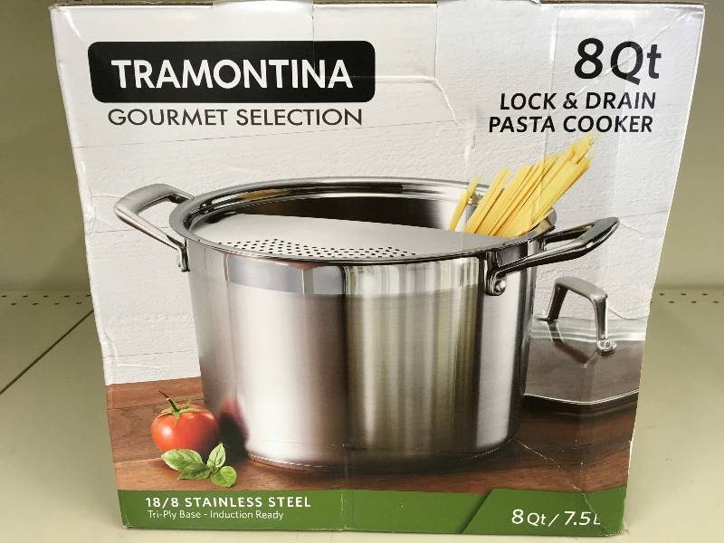 TRAMONTINA 8QT SS LOCK & DRAIN PASTA COOKER, RETAIL $29.99