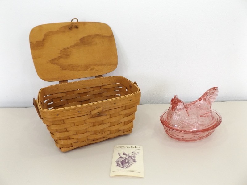 Medium Sized Hand Signed Longaberger Basket, and&nbspPink Glass Longaberger Nesting Hen