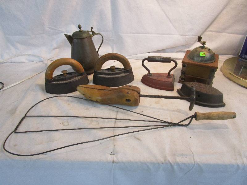 Copper Coffee Pot, Rug Beaterm Coffee Grinder, shoe Stretcher and 4 Vintage Irons