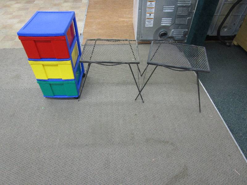2 Metal Patio Tables and Plastic Rolling Storage