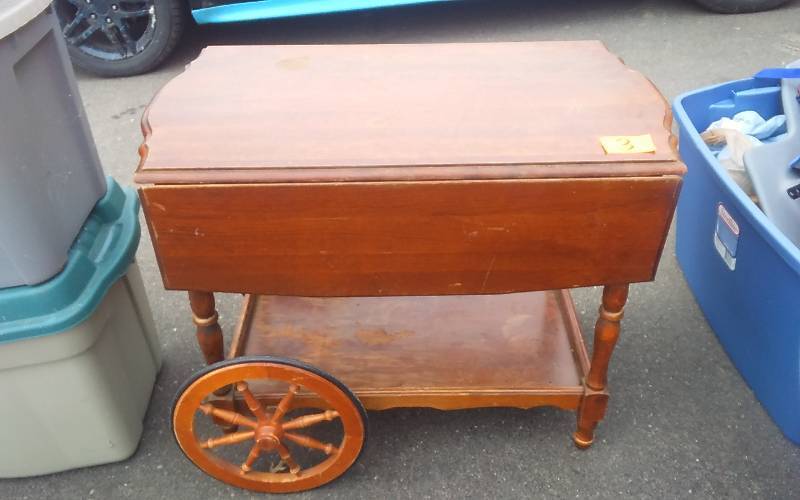 lot 3 image: Wood Drop Leaf Tea Cart, Has Wheels With Rubber Rims
