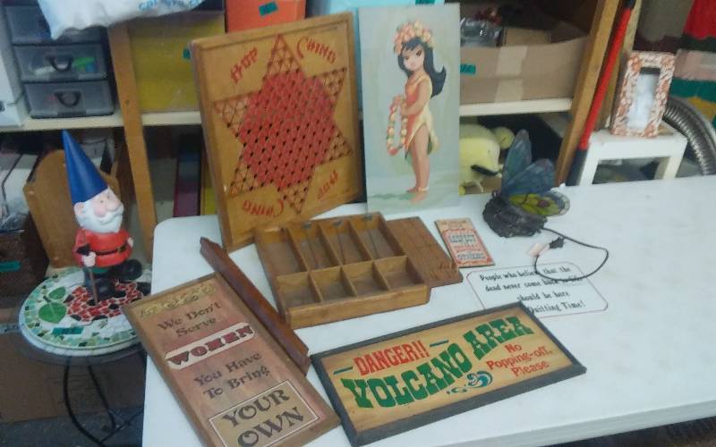 lot 16 image: Vintage Signs & Games, Wood Cash Drawer, Butterfly Lamp