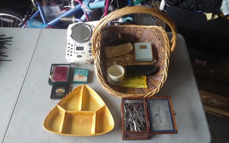 lot 23 image: Basket & Lot Of Eye Glasses, Shaving, Nail Care, Dresser Tray, Cigarette Tins, More