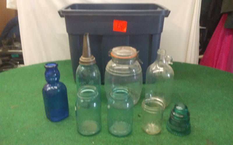 lot 18 image: Tote With Collection Of Old Bottles & Jars
