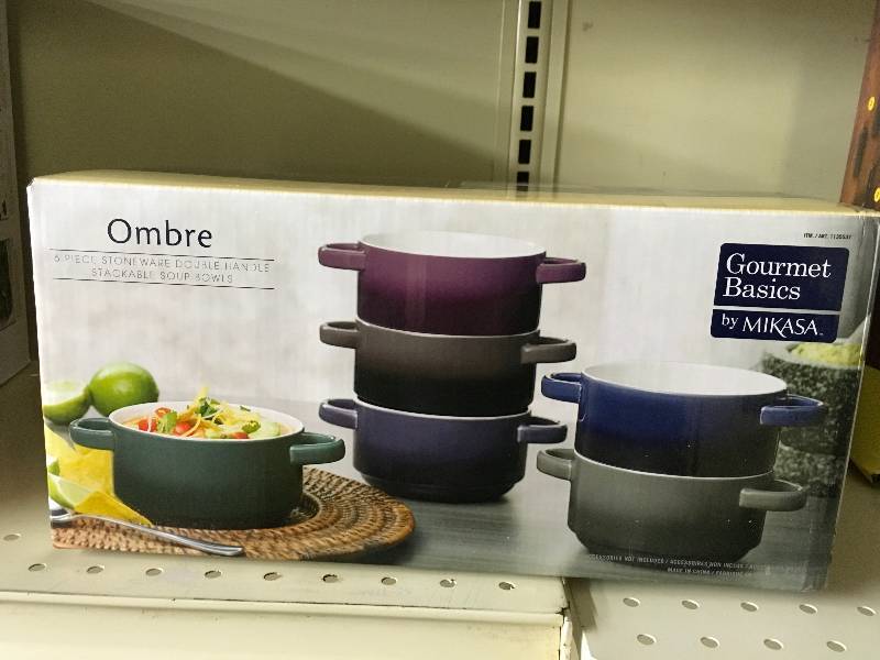 GOURMET BASICS OMBRE DBL STONEWARE SOUP BOWLS, RETAIL $14.99