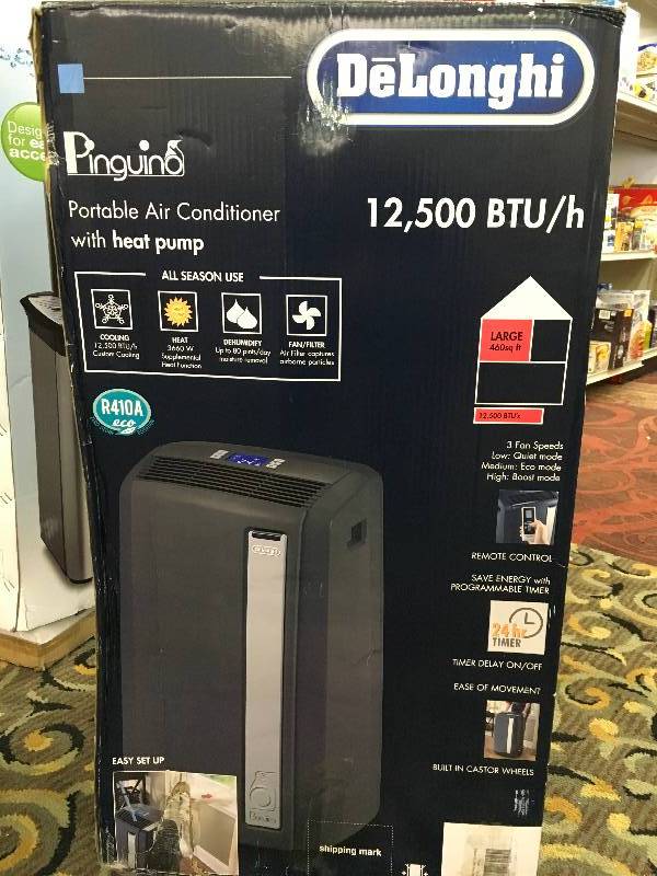 DELONGHI 12.5K PORTABLE AIR CONDITIONER WITH HEAT PUMP, RETAIL $389.99