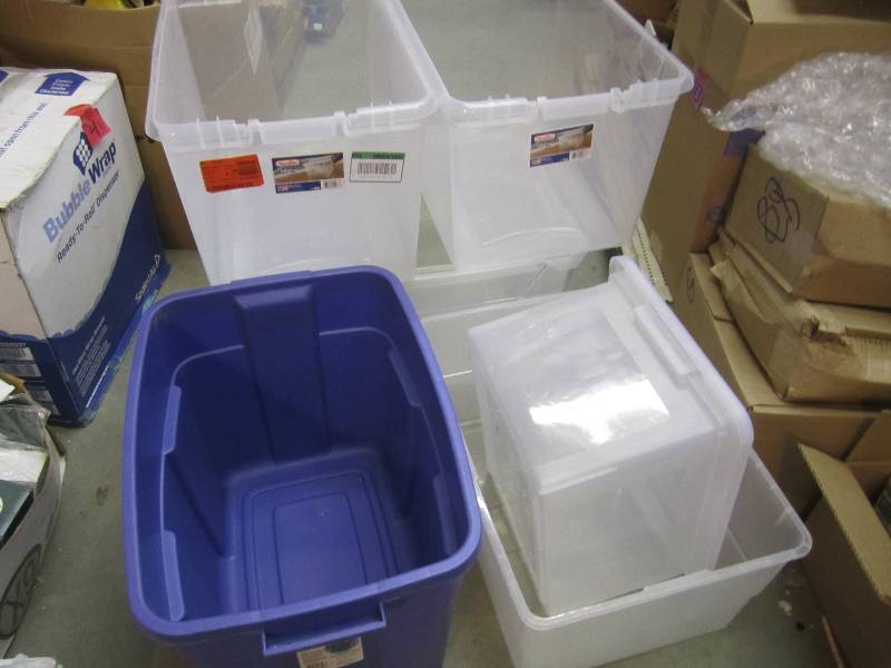 Lot of 6 Plastic Totes 1 with Lid  ...
