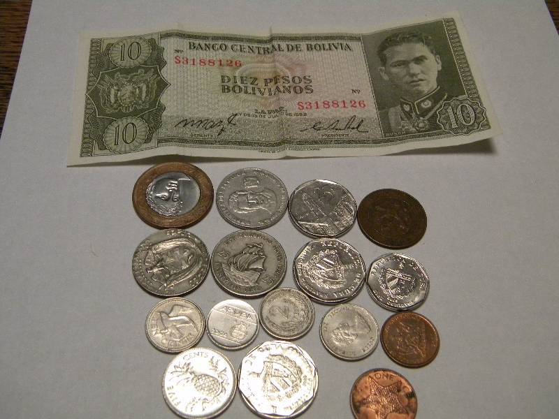1962 Bolivia 10 Pesos Note & 16 Coins from Central and South America and the Carbibean