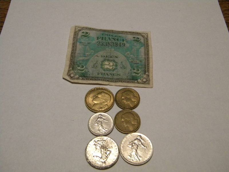 1944 2 Francs Note & 6 French Coins