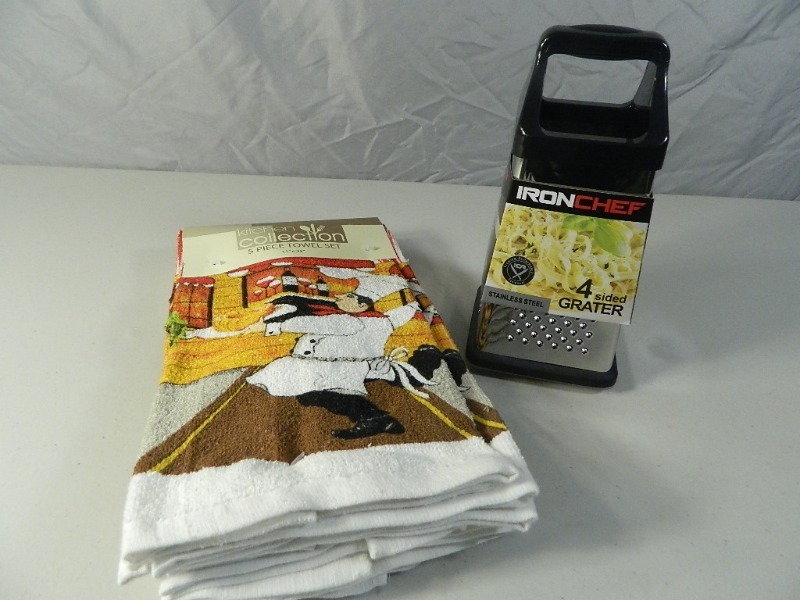 New 5 Pc Kitchen Towel Set and New 4 Sided Grater