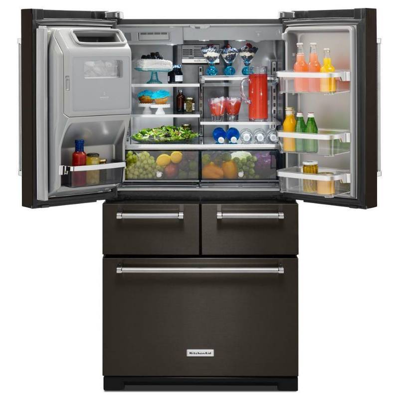 lot 7 image: BRAND NEW - WITH WARRANTY - KITCHENAID MODEL # (KRMF706EBS) - 36 in. W 25.8 cu. ft. French Door Refrigerator in Black Stainless with Platinum Interior - MSRP $ 3999.99
