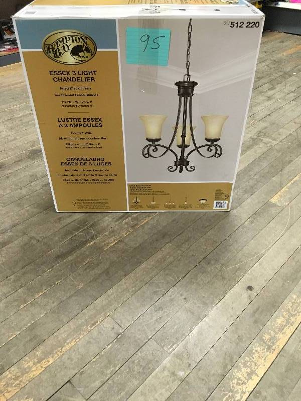 Hampton Bay Essex 3 Light Chandelier, Aged Black Finish, Tea Stained Glass Shades new