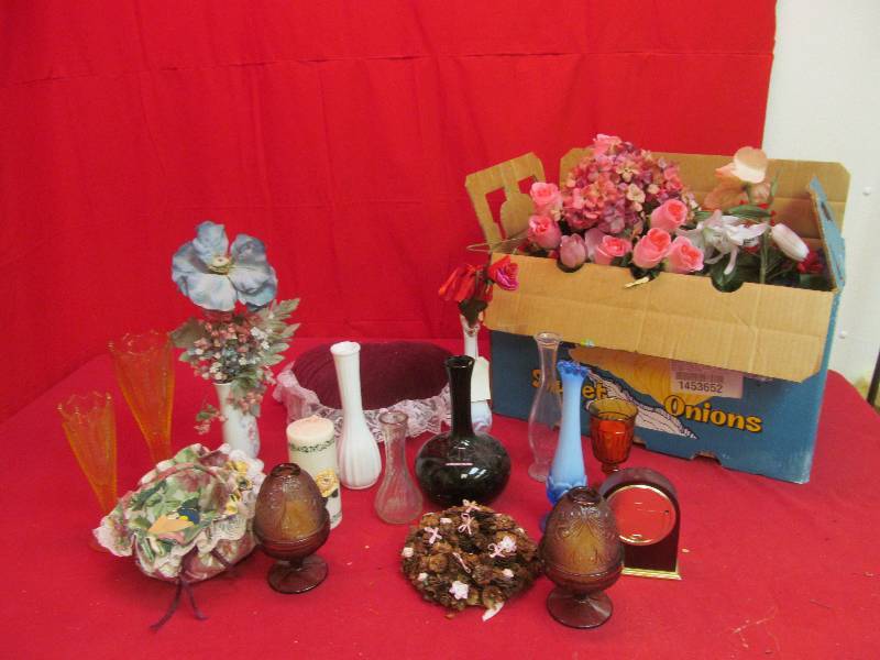 lot 113 image: basket, wreath, candleflowersdepression glassware