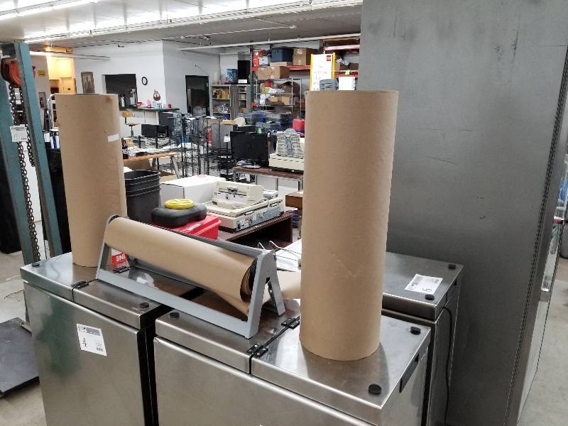 lot 68 image: Uline S-2208 24in. 40lb. Kraft Paper Rolls w Paper Cutter