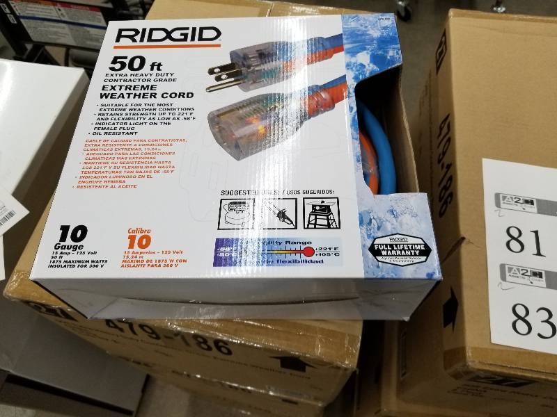 lot 81 image: Lot of (2) Ridgid Extreme Weather 50ft. Extension Cords