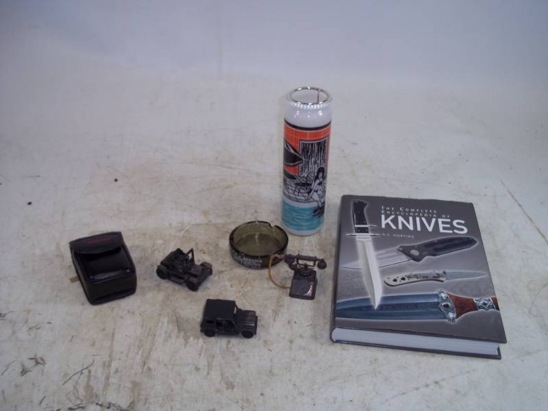 Knifebook,Tasco Binocs,Pencil Sharpners,ashtray,glass pillar Candle Holder